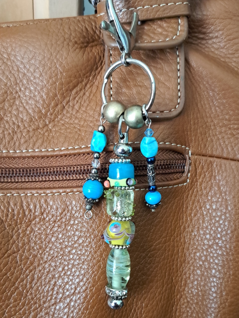 Hand Crafted Turquoise Color Bead Bag Charm Keychain for Women